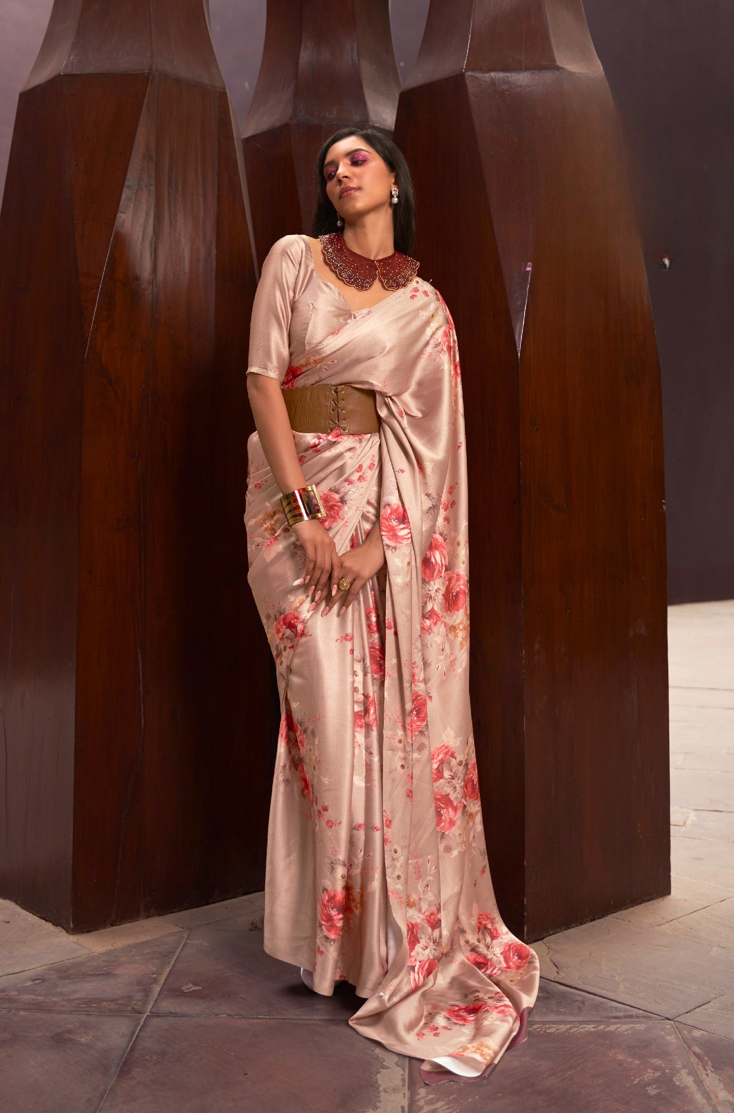 Latte Brown Floral Printed Satin Crepe Silk Saree