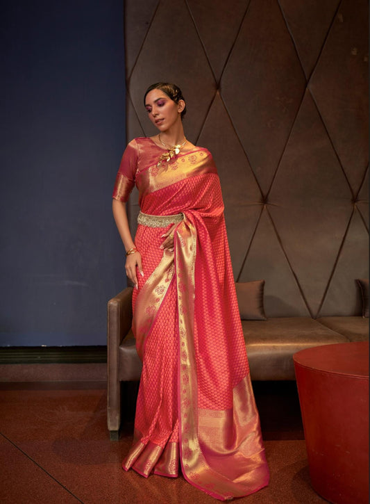 Hot Red Kanjivaram Woven Silk Saree With Zari Pallu