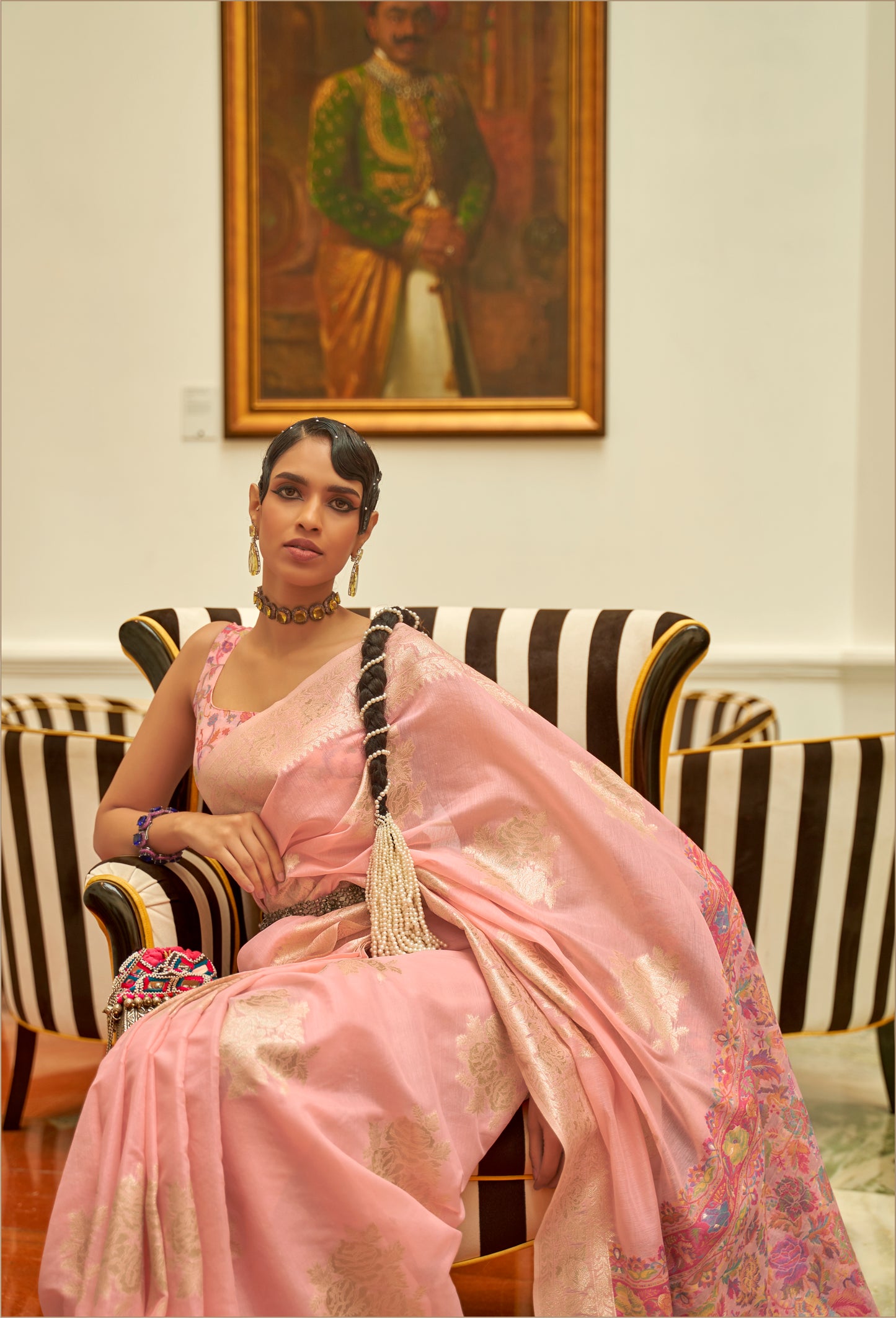 Lemonade Pink Kashmiri Weaved Jamewar Saree