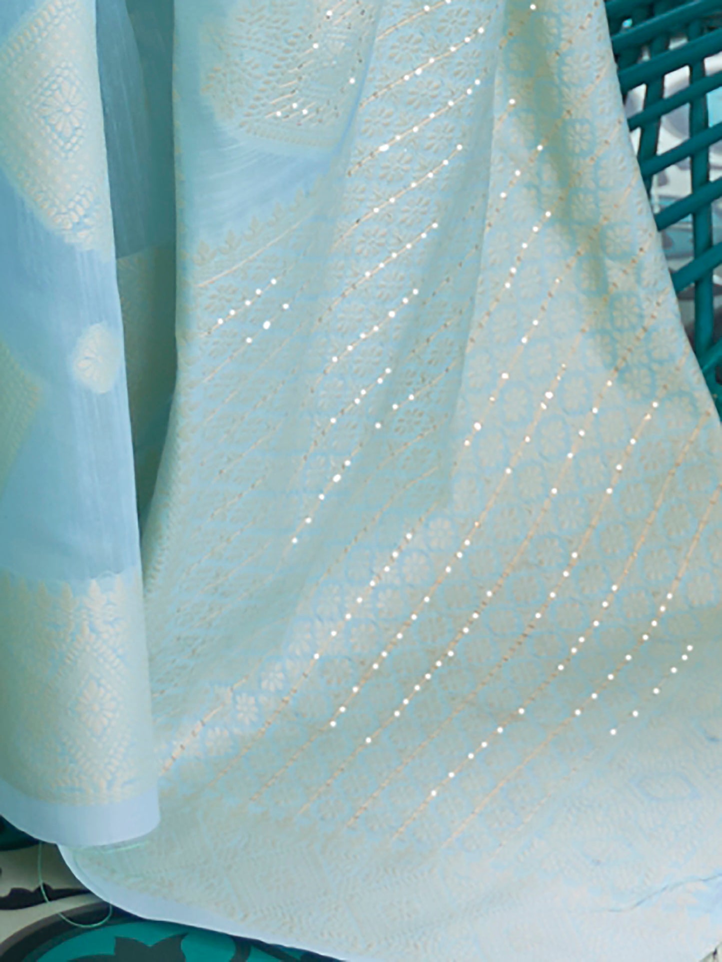 Powder Blue Weaved Lucknowi Chikankari Saree