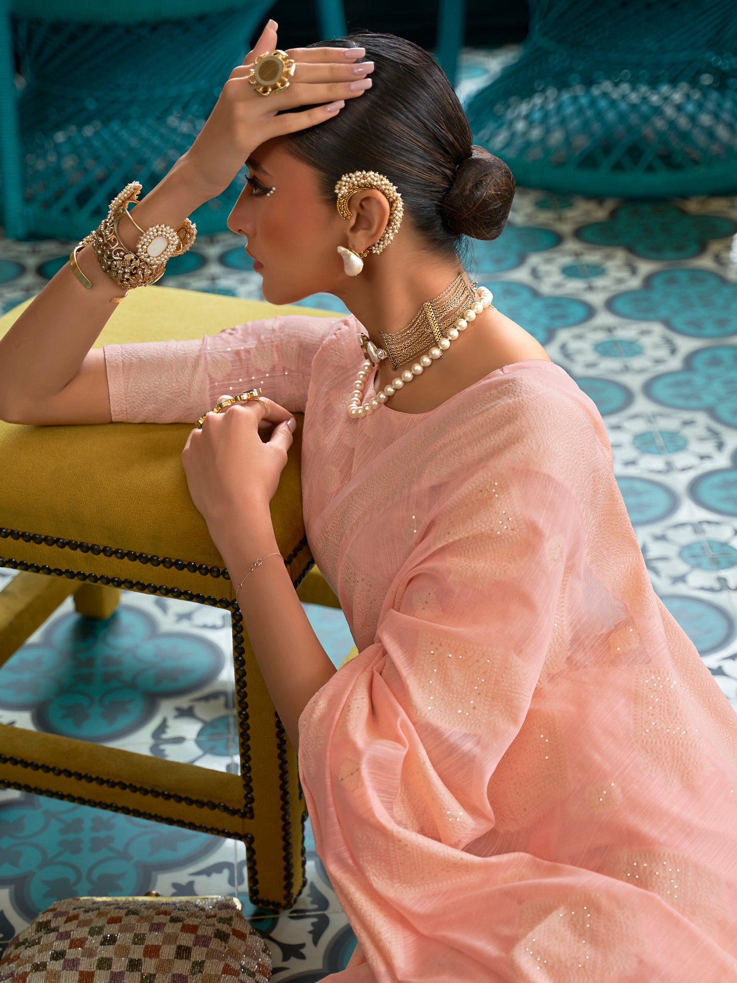Blossom Peach Weaved Lucknowi Chikankari Saree