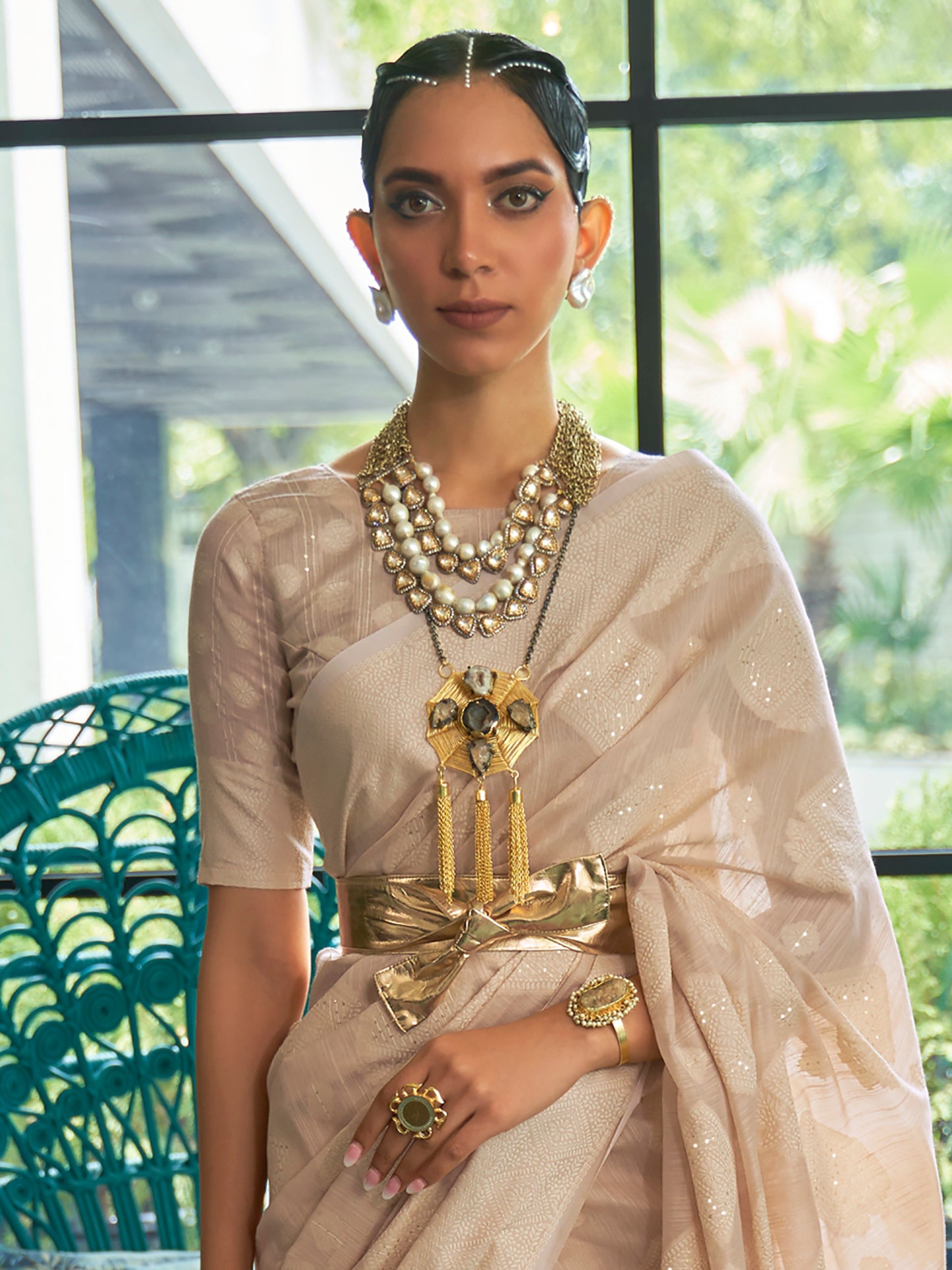 Sand Brown Weaved Lucknowi Chikankari Saree