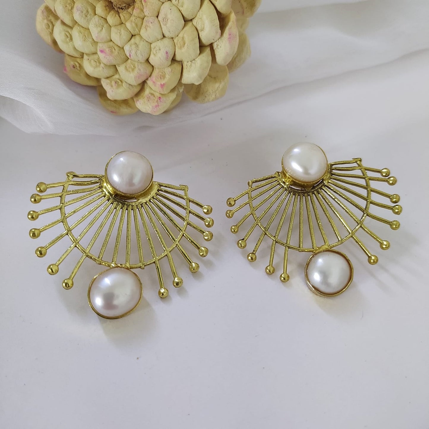 Priscilla Golden Spokes Natural Pearl Earrings