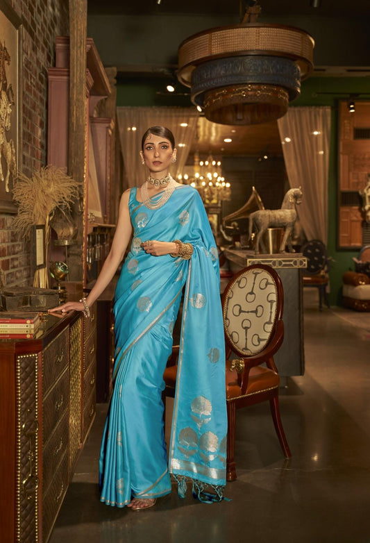 Cerulean Blue Satin Silk Saree With Carnation Dual Zari Motifs