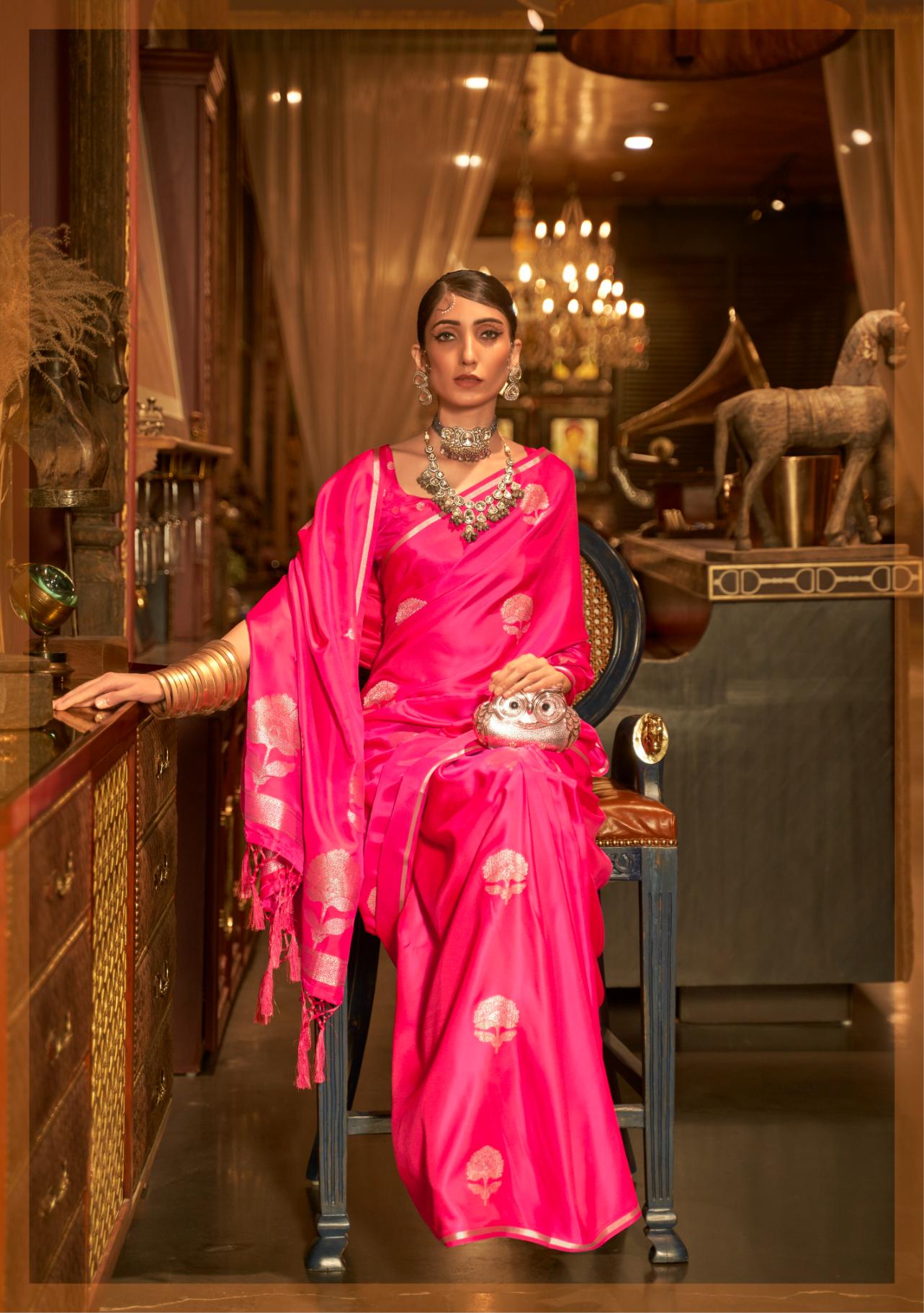 Fuschia Pink Satin Silk Saree With Carnation Dual Zari Motifs
