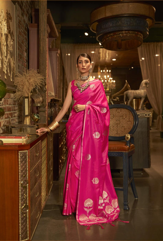 Fuschia Pink Satin Silk Saree With Carnation Dual Zari Motifs
