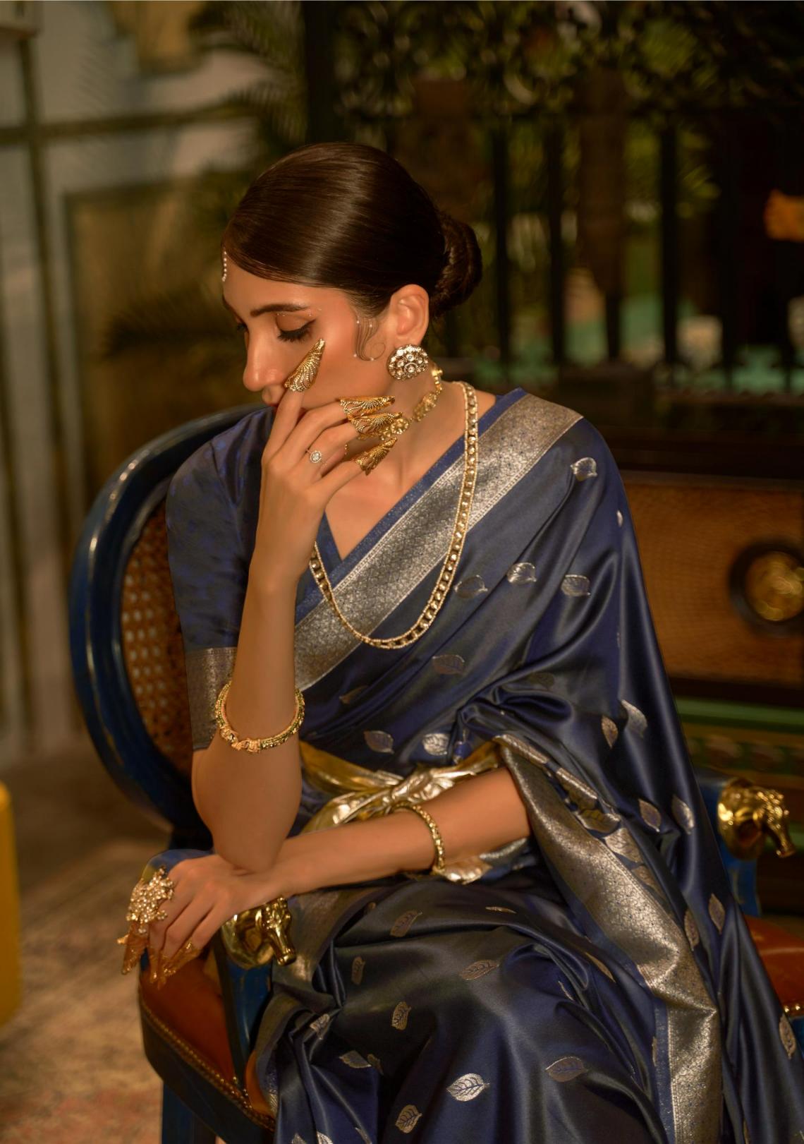 Denim Blue Brocade Woven Satin Silk Saree
