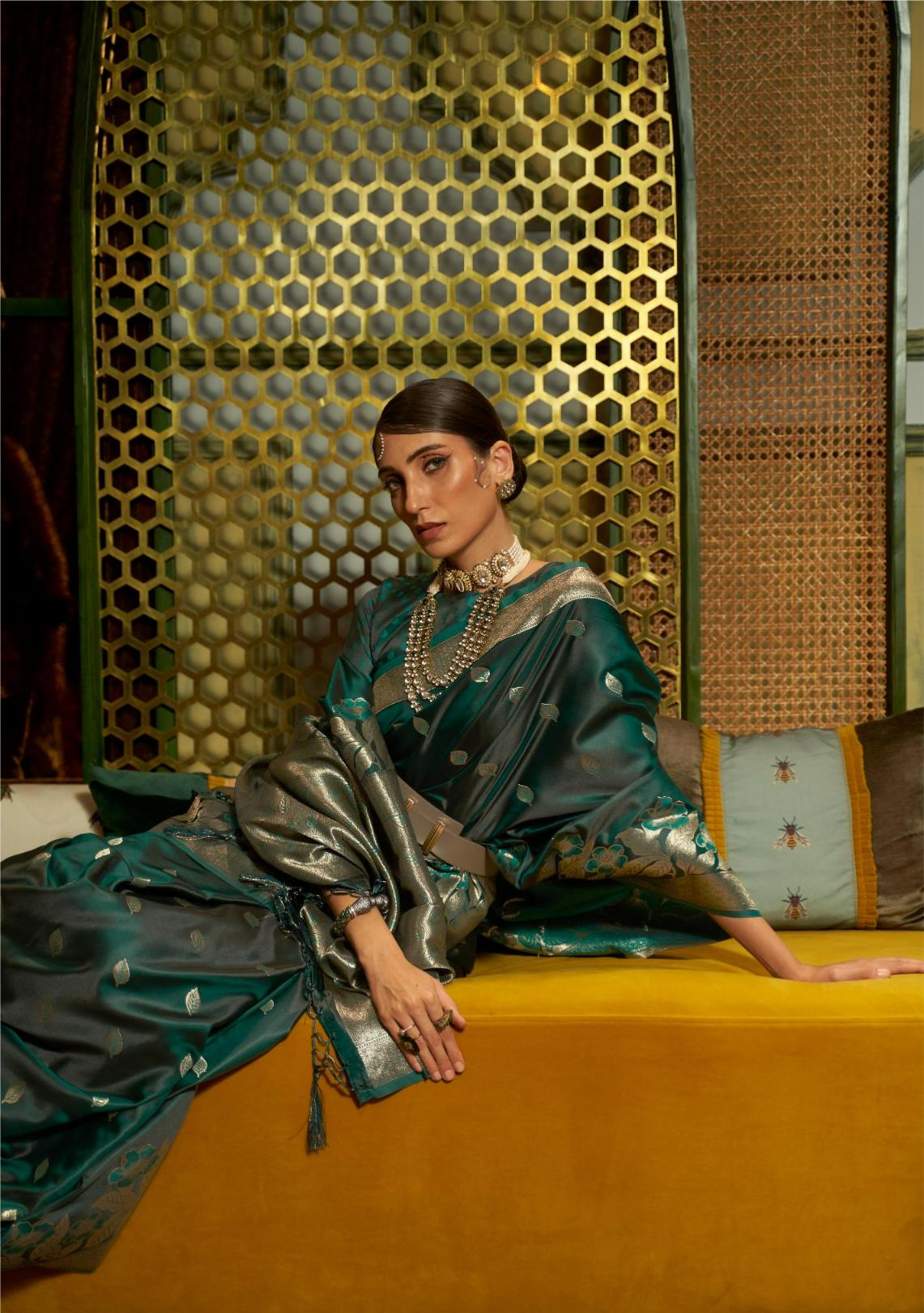 Juniper Green Brocade Woven Satin Silk Saree