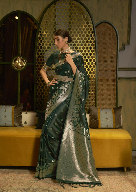 Juniper Green Brocade Woven Satin Silk Saree