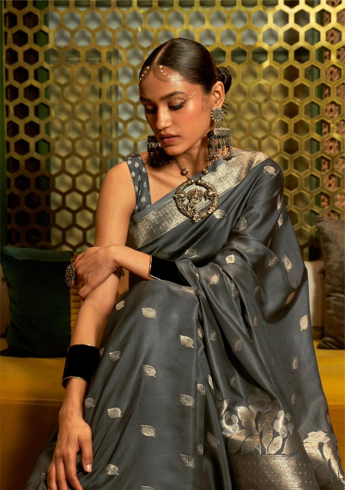 Ash Grey Brocade Woven Satin Silk Saree
