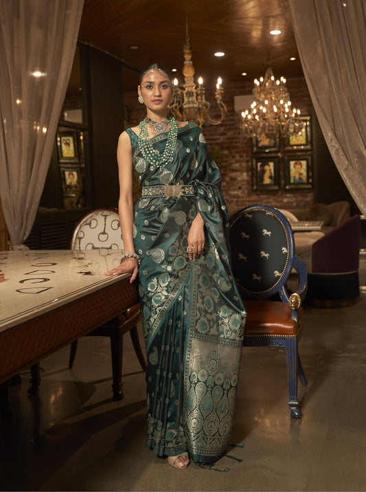 Juniper Green Satin Silk Saree