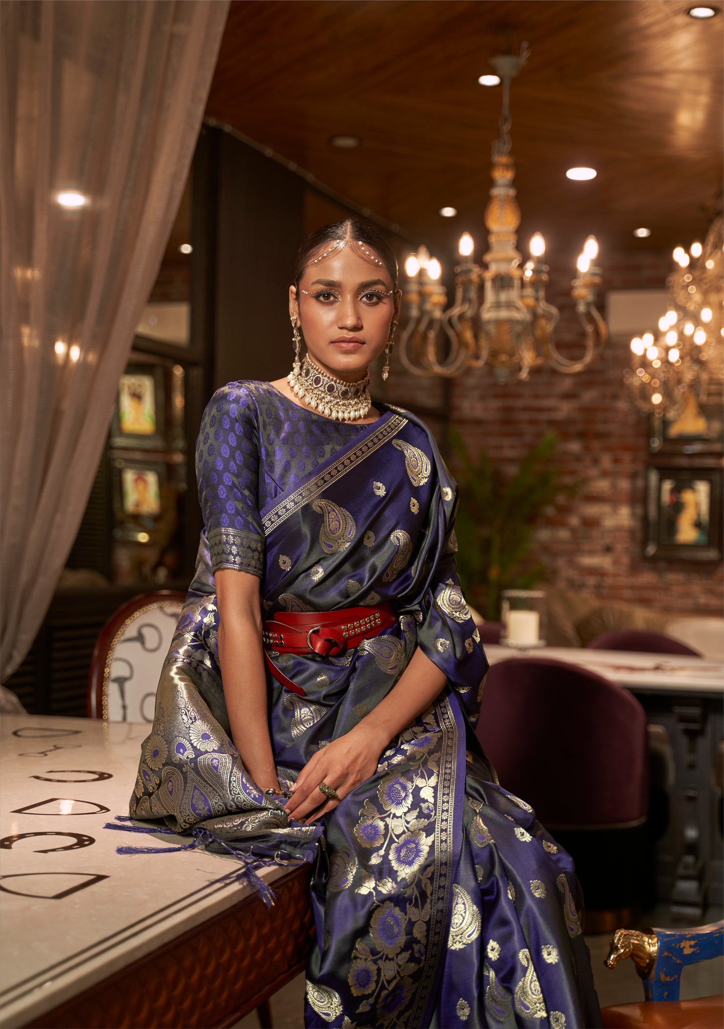 Peacock Blue Satin Silk Saree