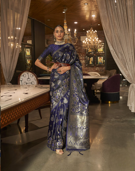 Peacock Blue Satin Silk Saree