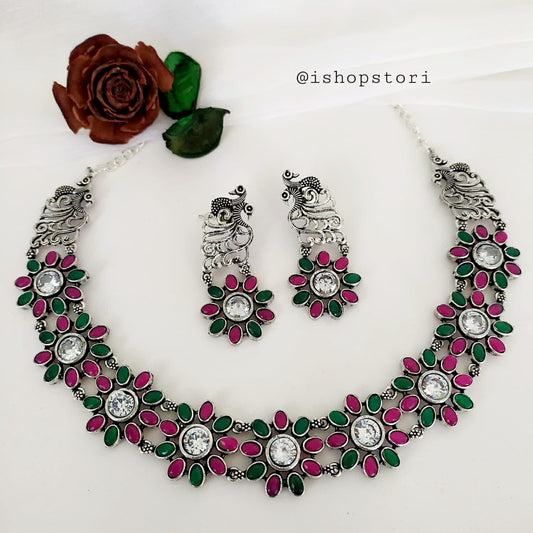 Taarika Floral Stones Oxidised Necklace Set
