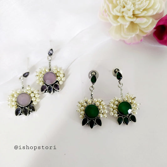 Xenia Monalisa Stone & Pearl Floral Oxidised Earrings