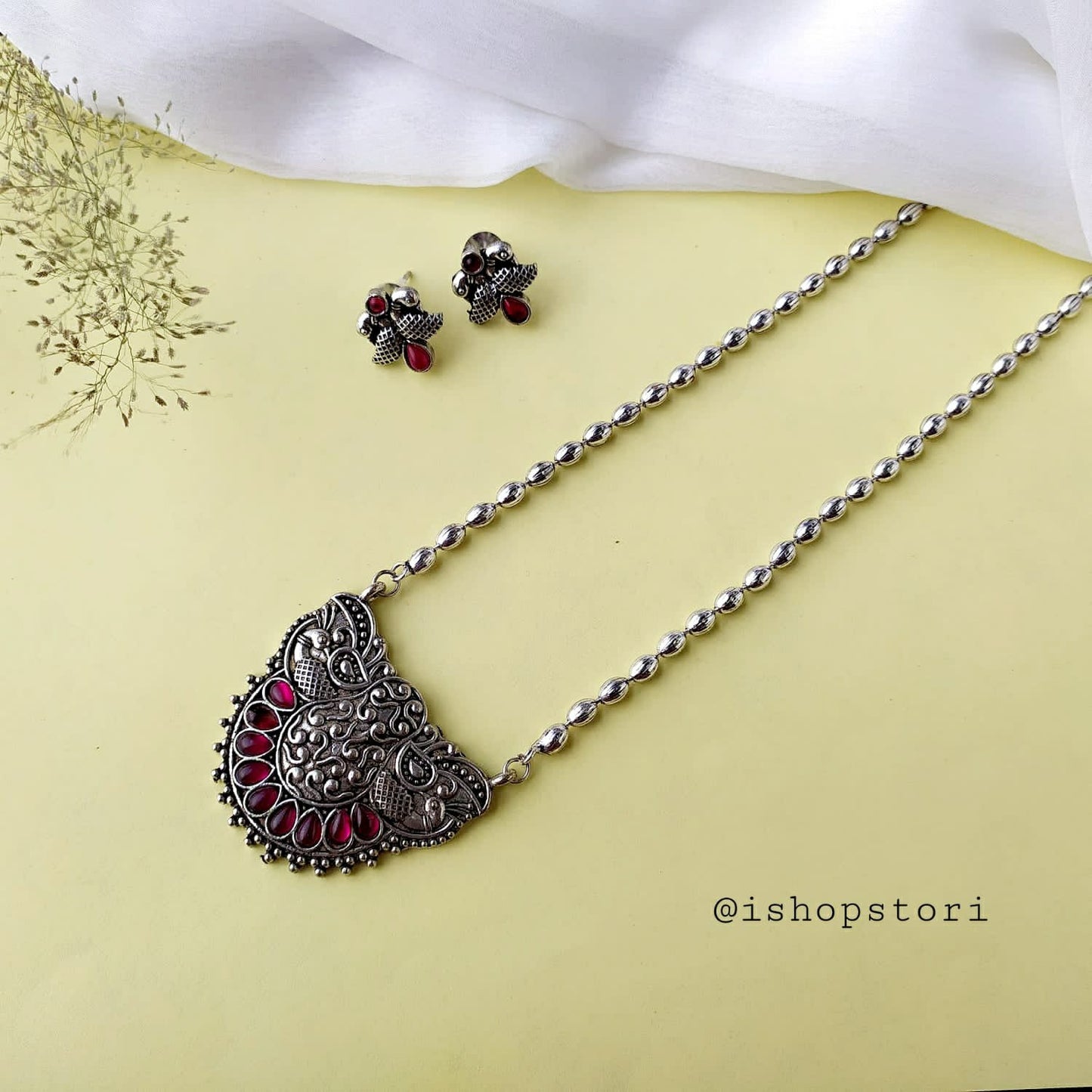 Taksha Long Dome Pendant Oxidised Necklace Set