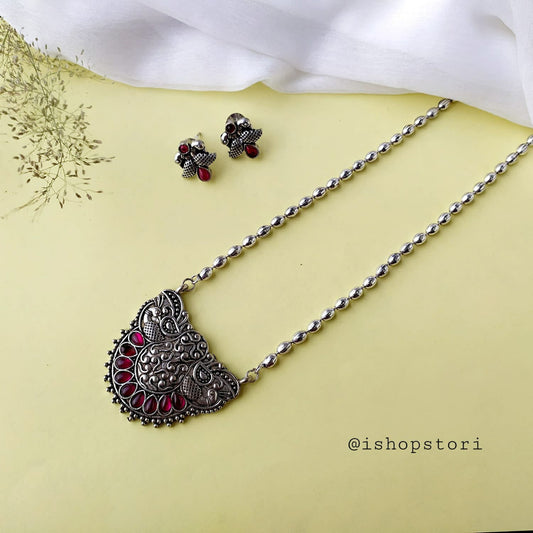 Taksha Long Dome Pendant Oxidised Necklace Set