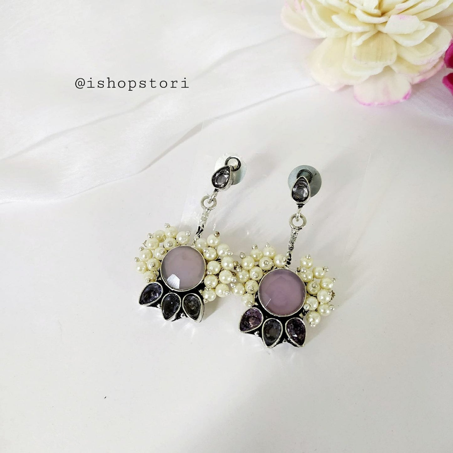 Xenia Monalisa Stone & Pearl Floral Oxidised Earrings