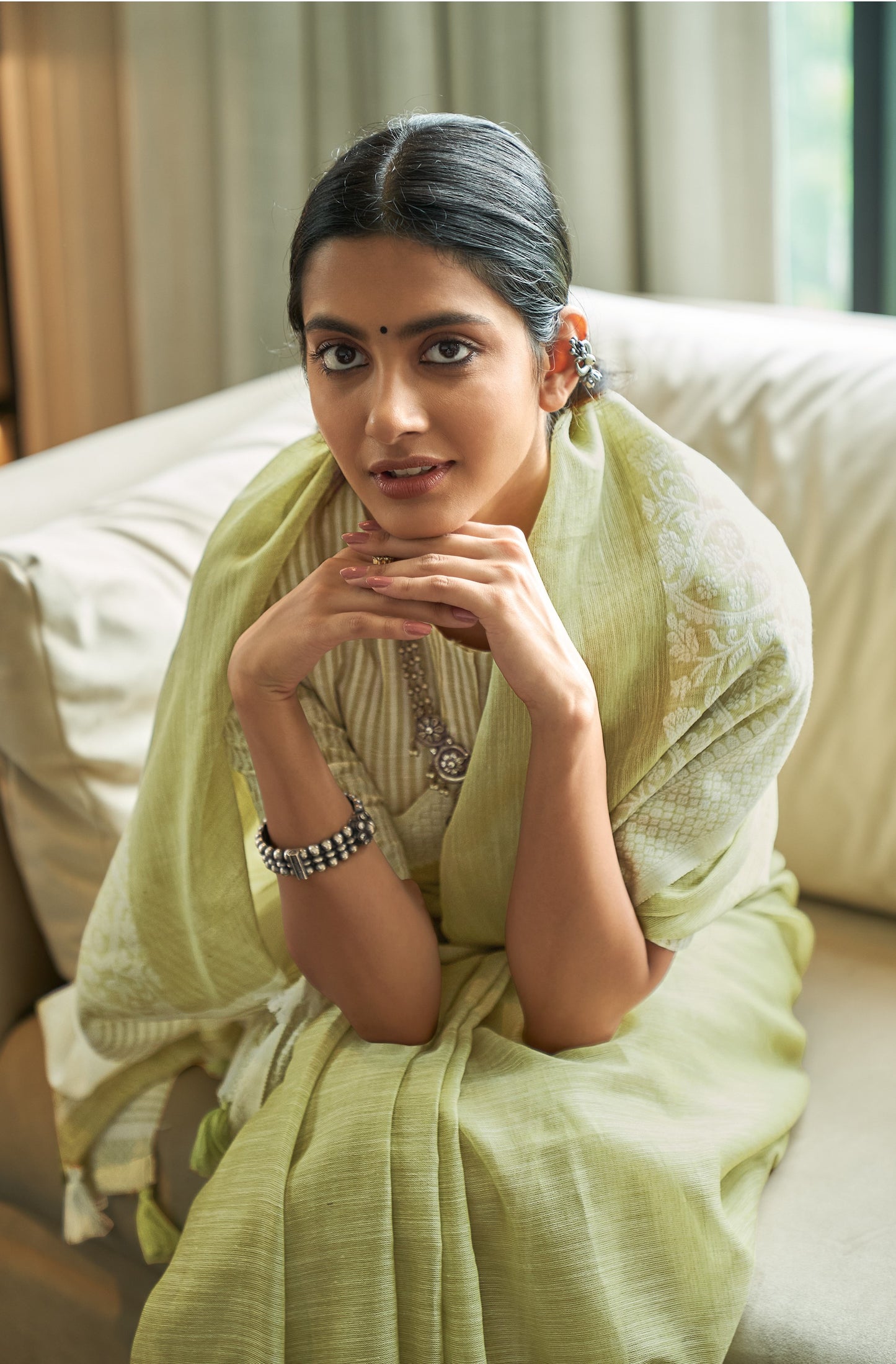 Pista Green Woven Border Linen Saree