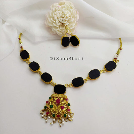 Black labradorite long necklace set in statement design.