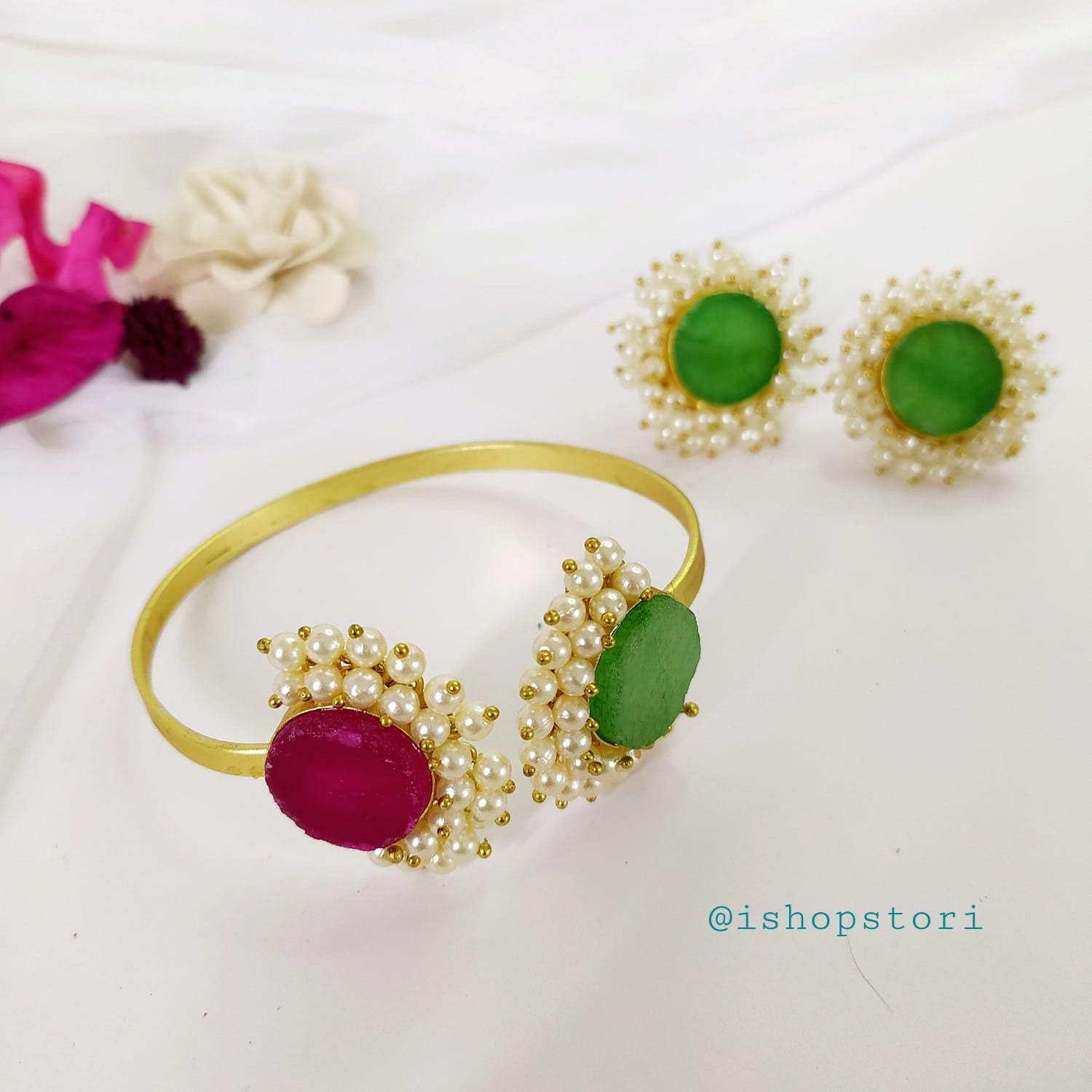 Niha Raw Stone Bracelet and Earrings Combo showcasing detailed craftsmanship.