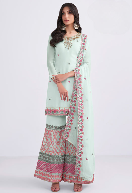 Pastel Blue Embroidered Georgette Sharara Suit