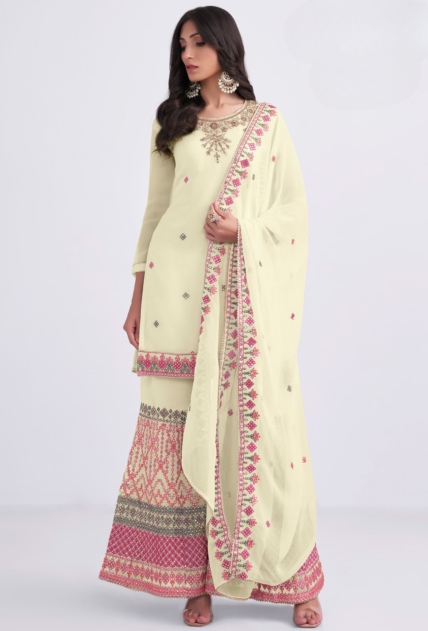 Light Yellow Embroidered Georgette Sharara Suit