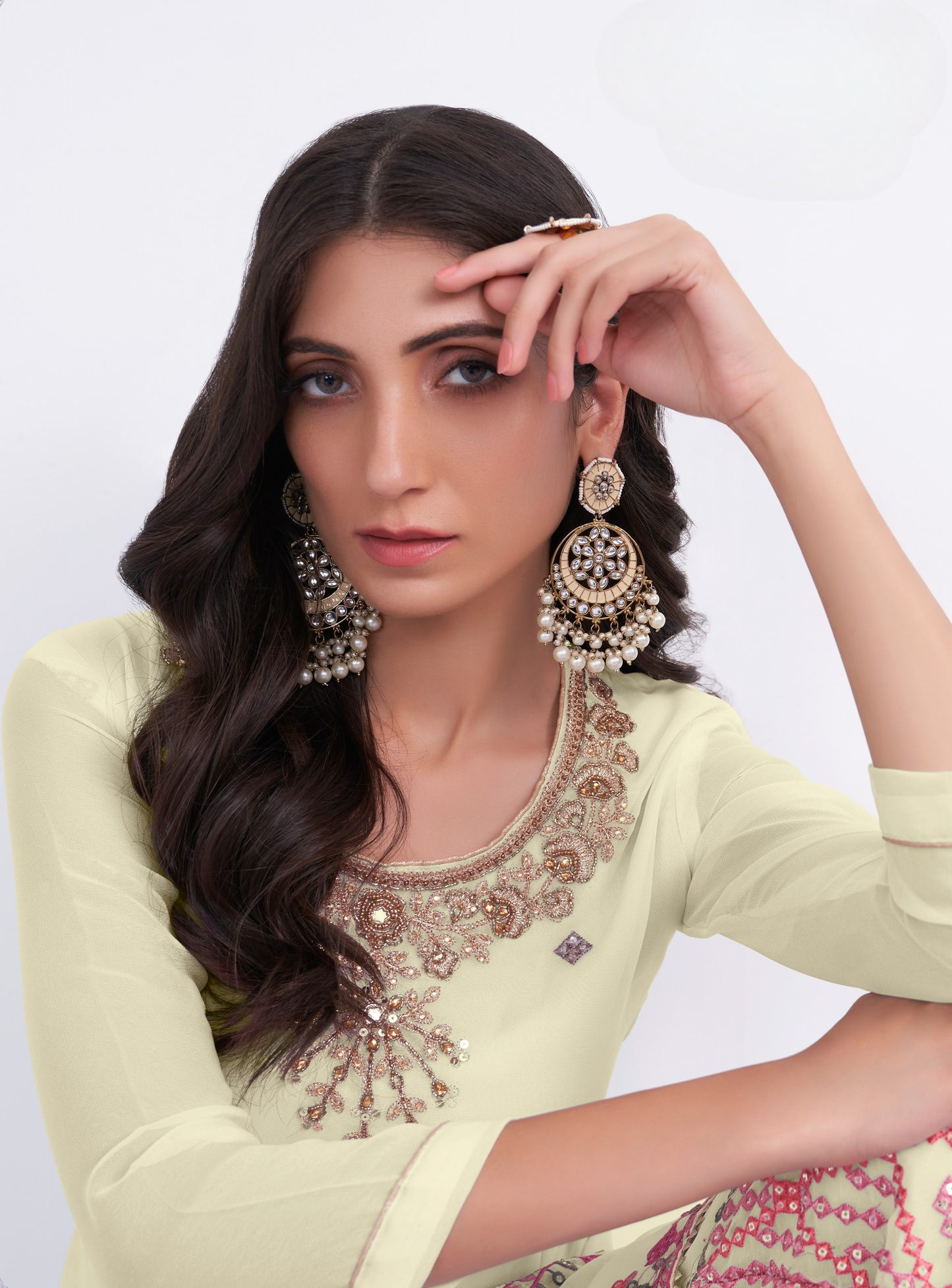 Light Yellow Embroidered Georgette Sharara Suit