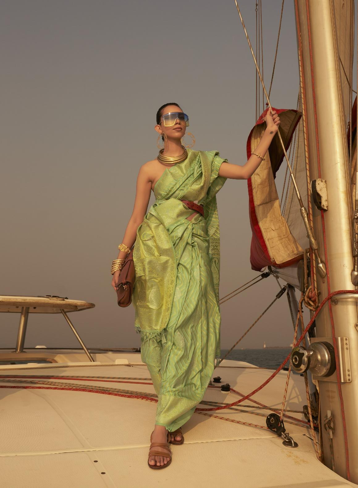 Light Green Chevron Handloom Woven Satin Silk Saree