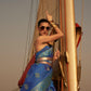 Indigo Chevron Handloom Woven Satin Silk Saree