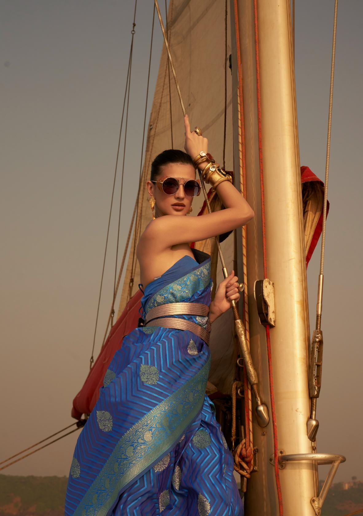 Indigo Chevron Handloom Woven Satin Silk Saree
