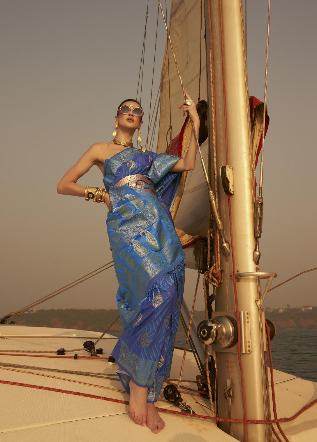 Indigo Chevron Handloom Woven Satin Silk Saree