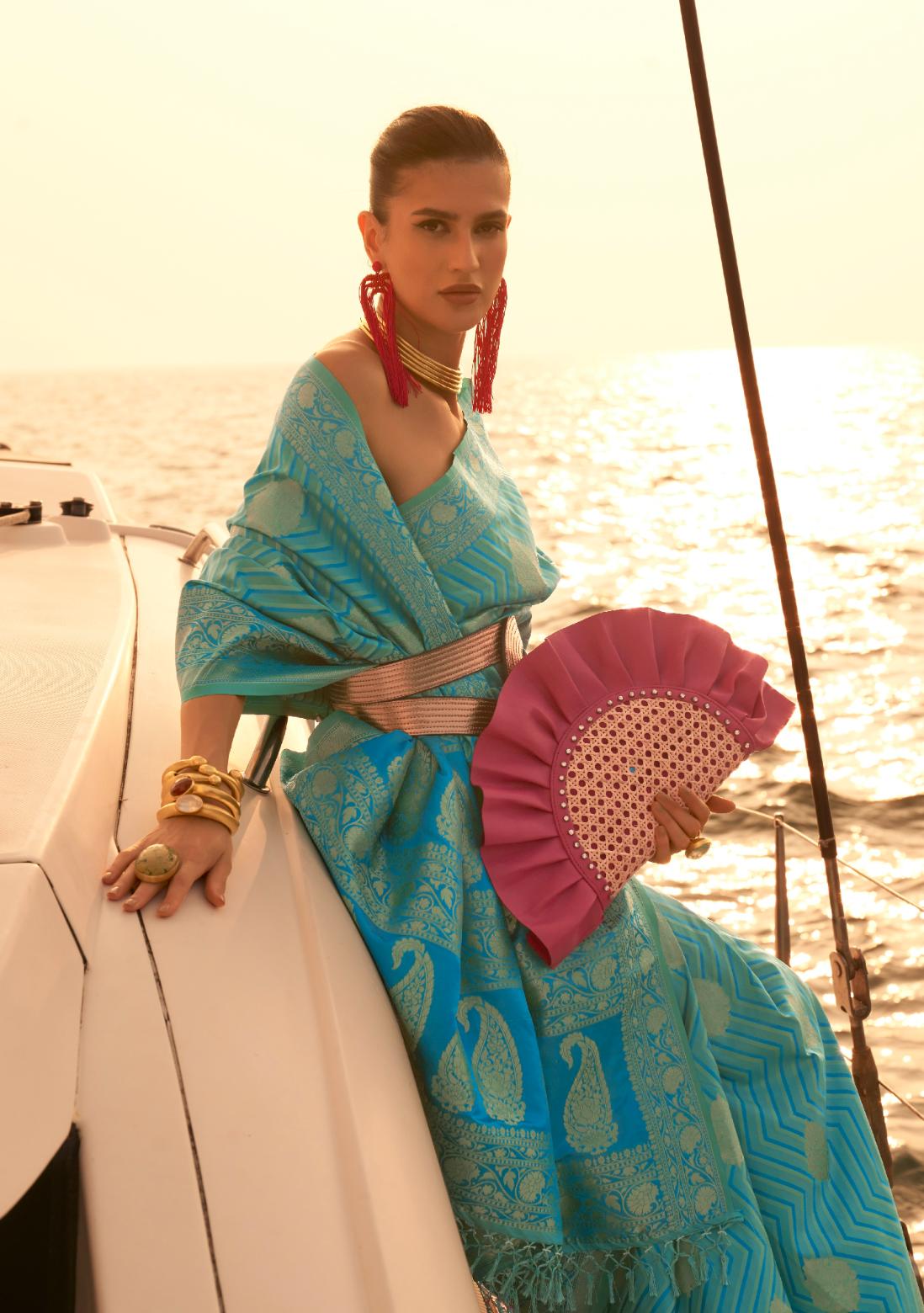 Aquatic Blue Chevron Handloom Woven Satin Silk Saree