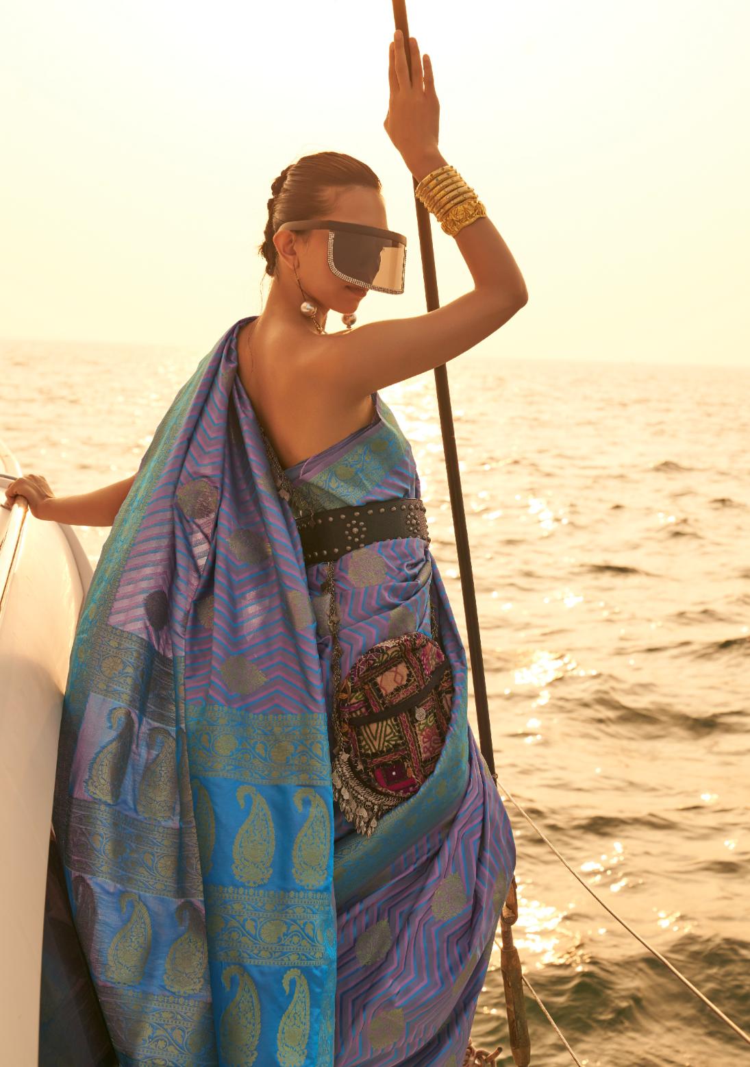 Purple & Blue Dual Tone Chevron Handloom Woven Satin Silk Saree