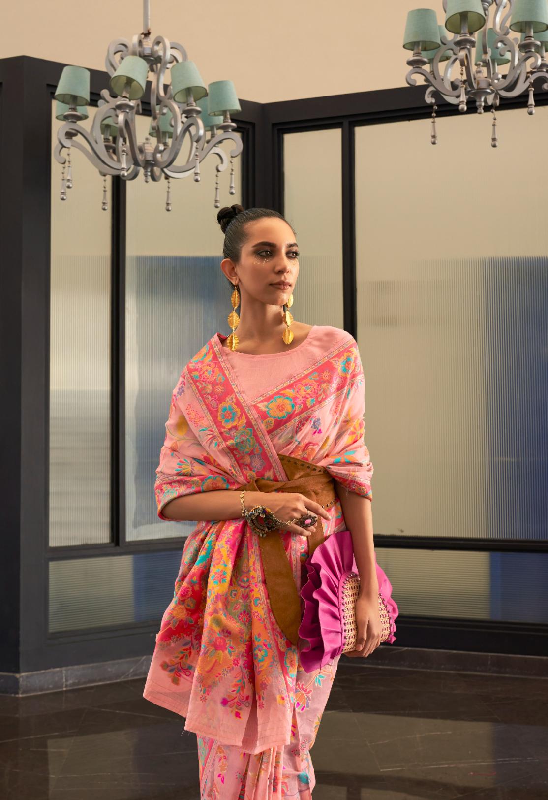 Pastel Peach Kashmiri Floral Weaved Jamewar Silk Saree