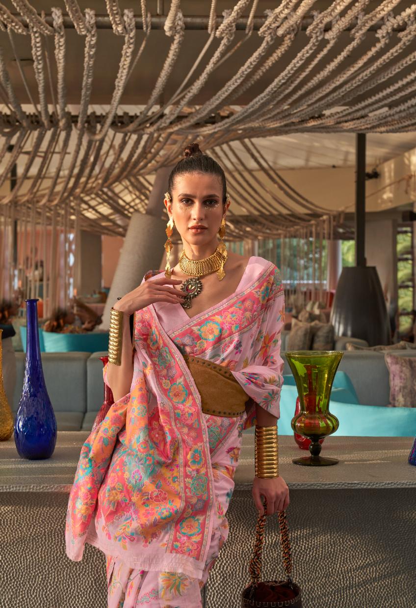 Light Pink Kashmiri Floral Weaved Jamewar Silk Saree