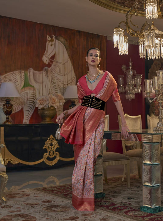Light Pink Kashmiri Kani Handloom Woven Silk Saree