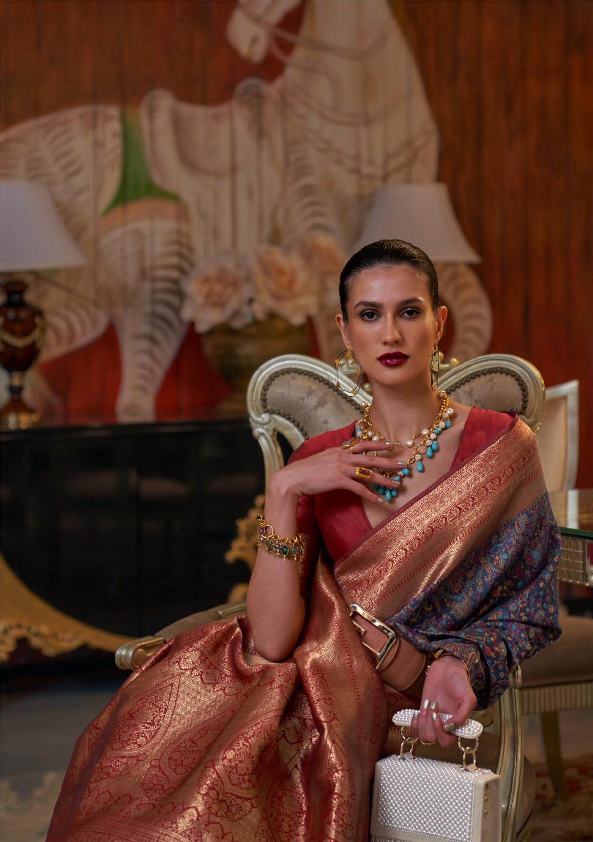 Navy Blue Kashmiri Kani Handloom Woven Silk Saree