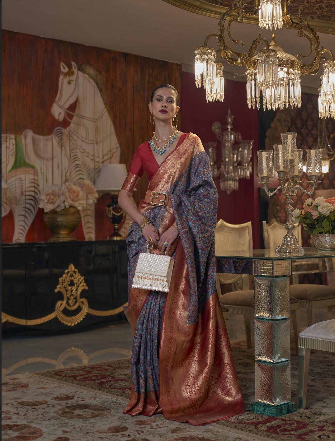 Navy Blue Kashmiri Kani Handloom Woven Silk Saree