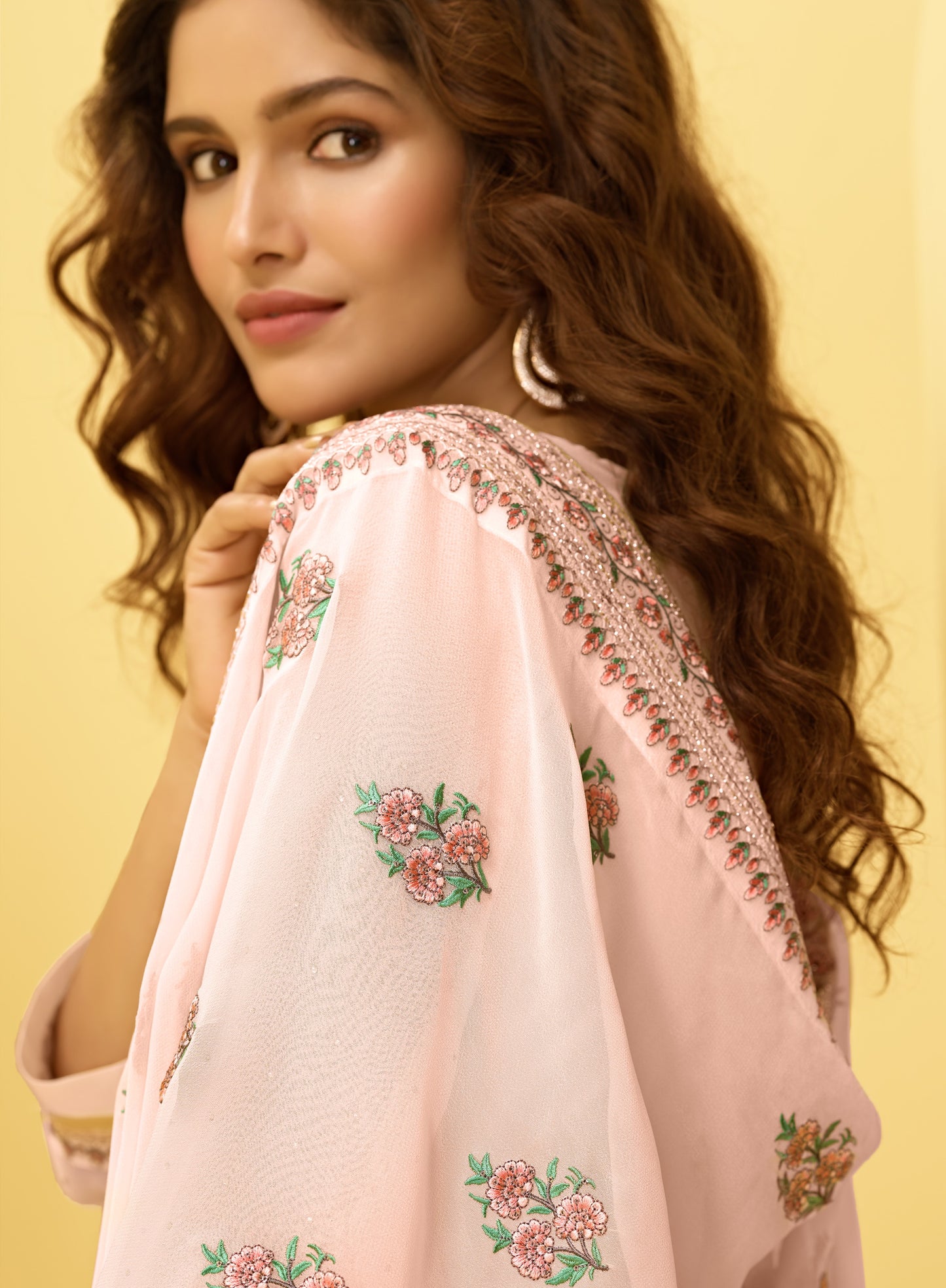 Pale Pink Kashmiri Embroidered Georgette Straight Pant Suit