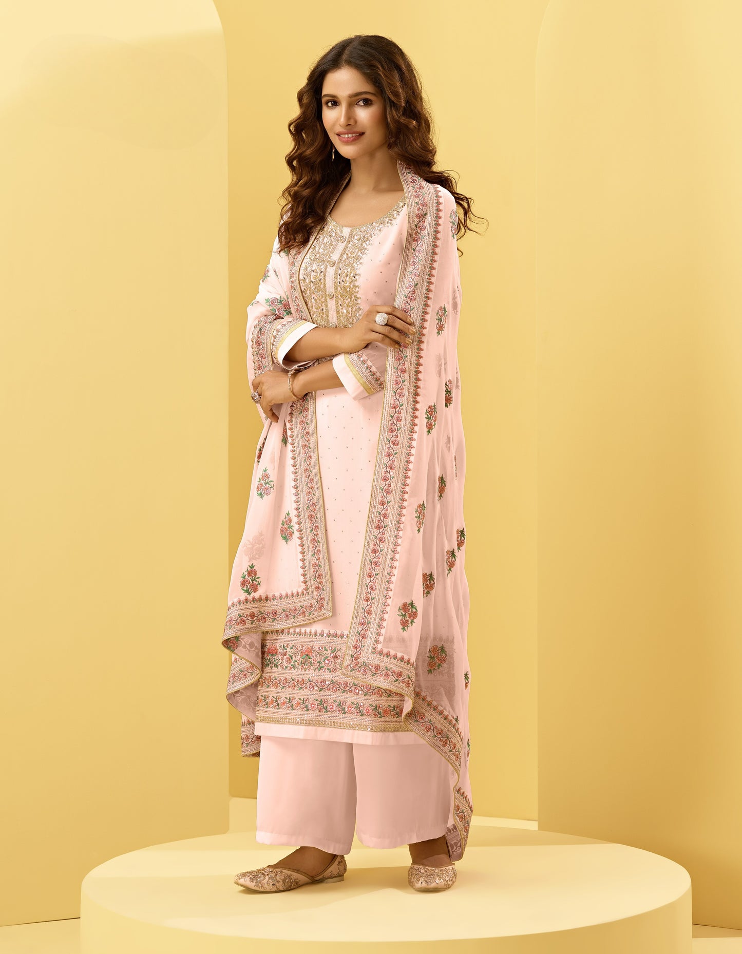 Pale Pink Kashmiri Embroidered Georgette Straight Pant Suit
