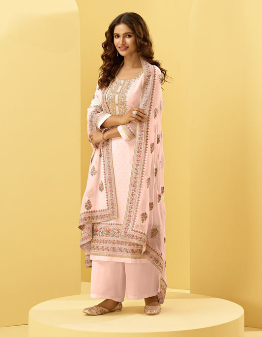 Pale Pink Kashmiri Embroidered Georgette Straight Pant Suit