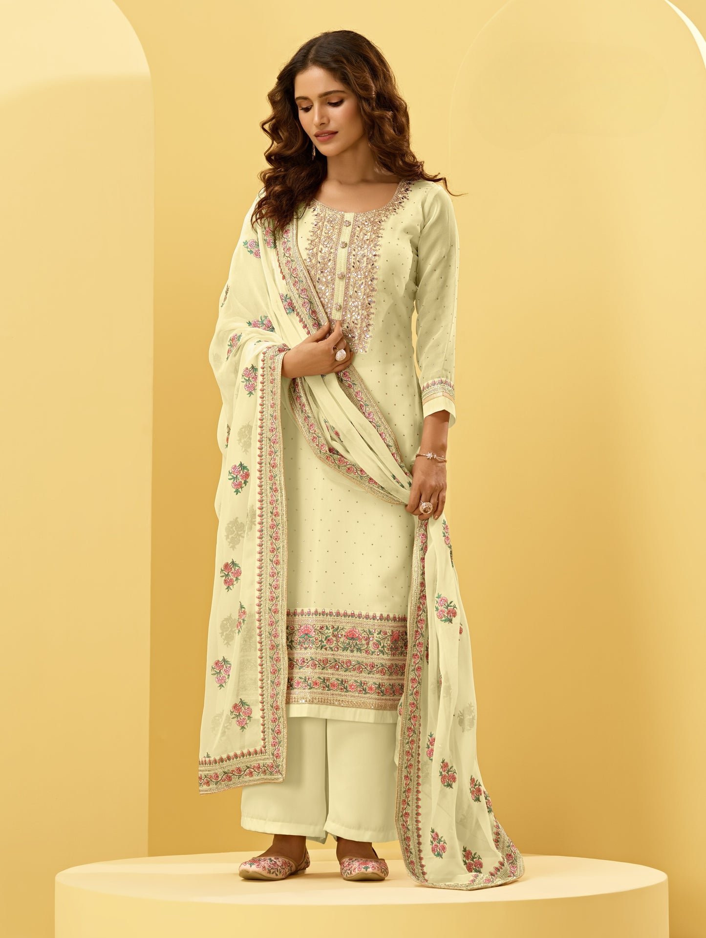 Butter Yellow Kashmiri Embroidered Georgette Straight Pant Suit