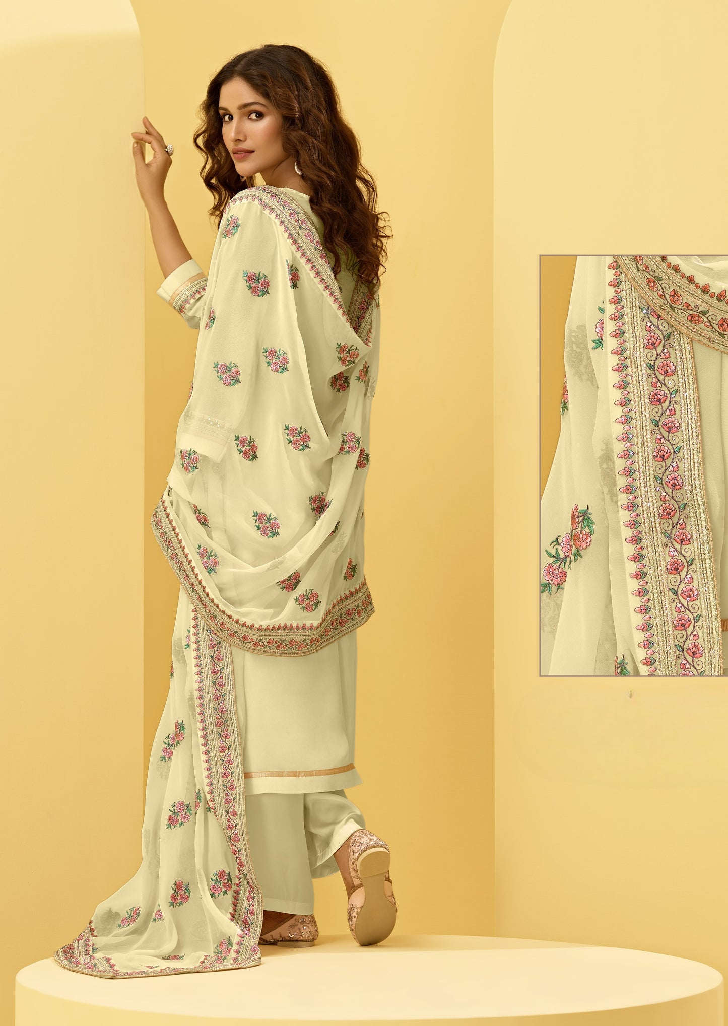 Butter Yellow Kashmiri Embroidered Georgette Straight Pant Suit
