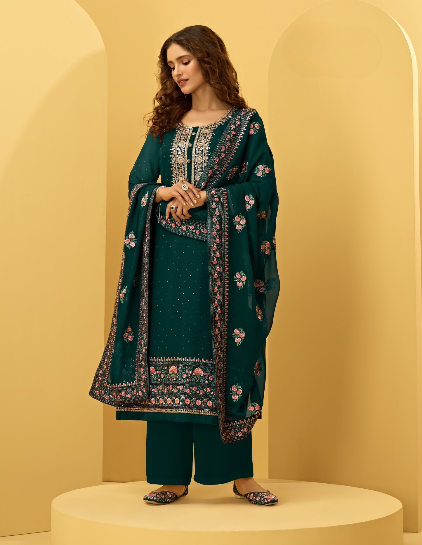 Rama Green Embroidered Georgette Straight Pant Suit