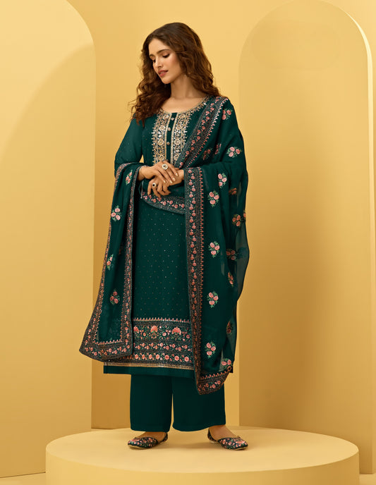 Rama Green Embroidered Georgette Straight Pant Suit