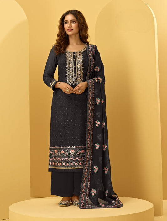 Admiral Black Embroidered Georgette Straight Pant Suit