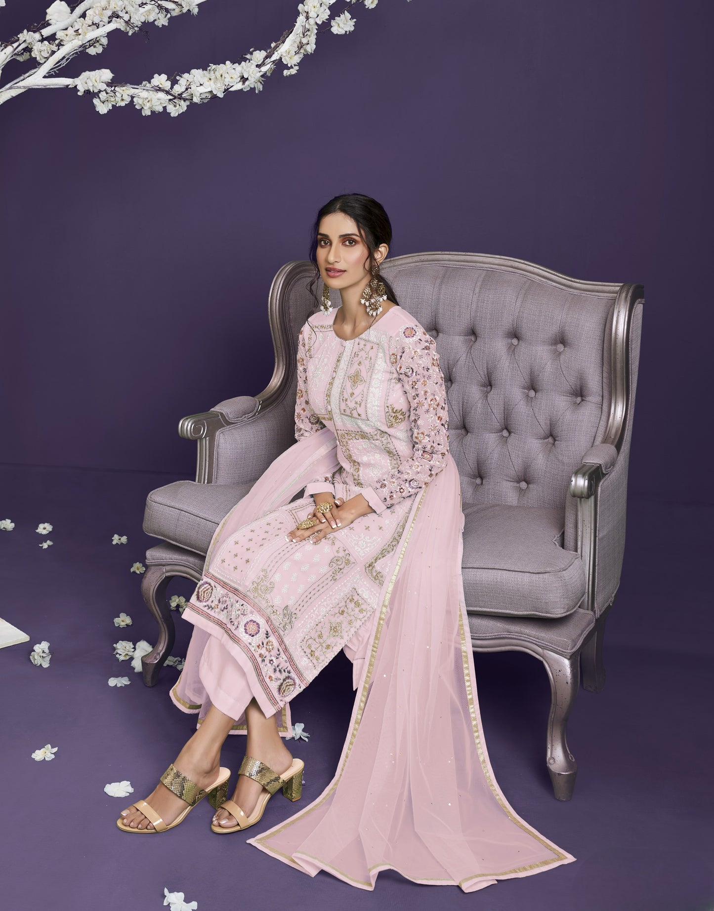 Powder Pink Heavy Embroidered Georgette Straight Pant Suit