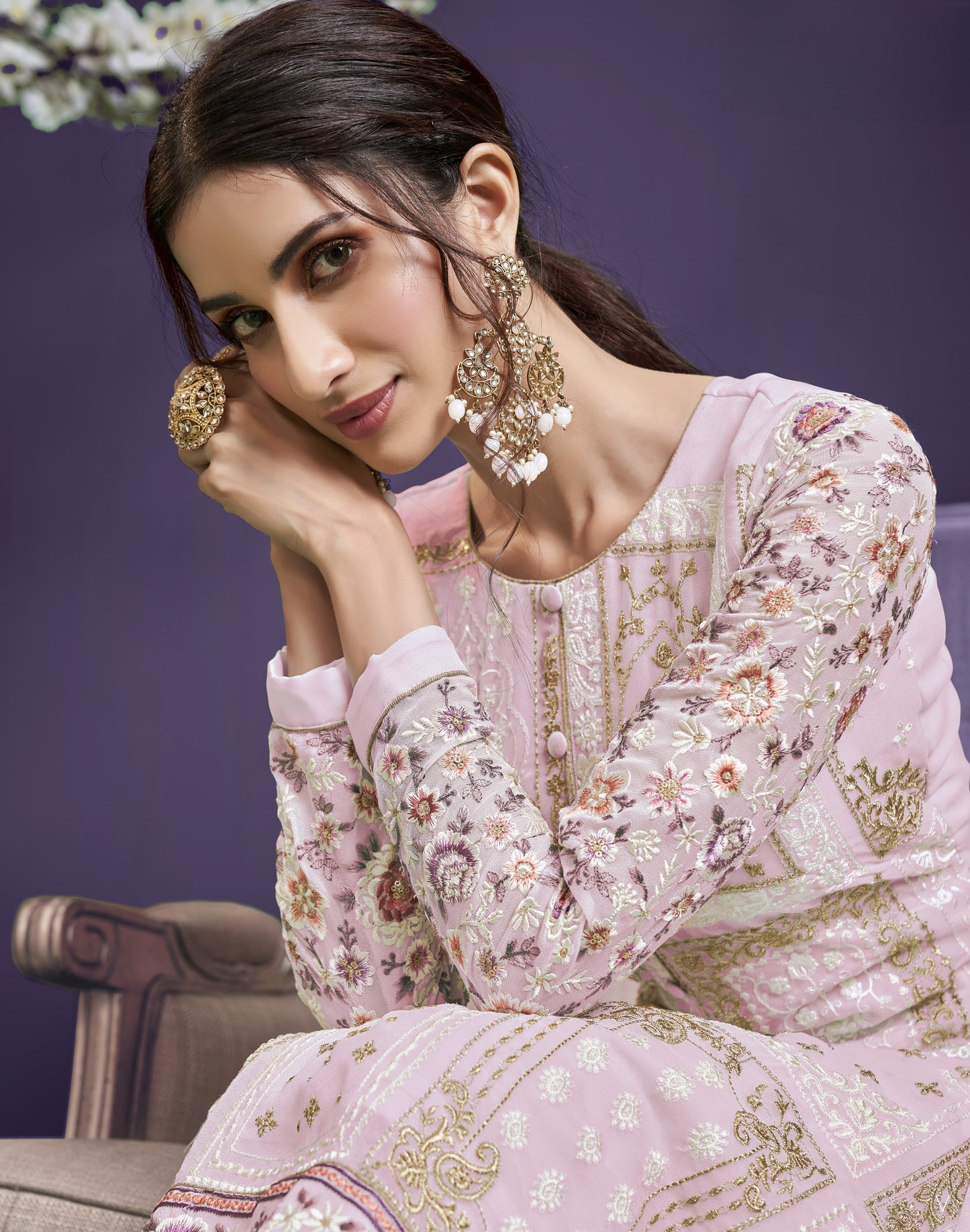 Powder Pink Heavy Embroidered Georgette Straight Pant Suit