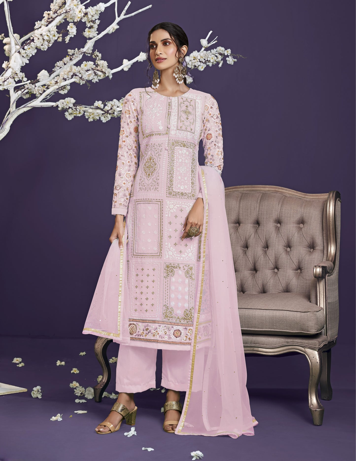 Powder Pink Heavy Embroidered Georgette Straight Pant Suit